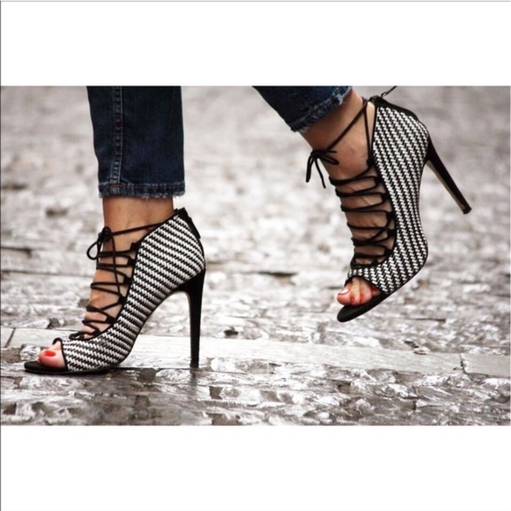 zara lace up black and white stripes